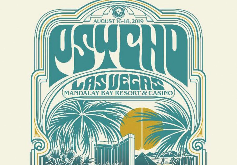 Retro Las Vegas event poster with palm trees.