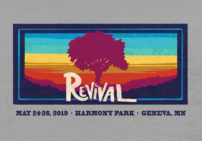 Revival festival poster with colorful sunset background.
