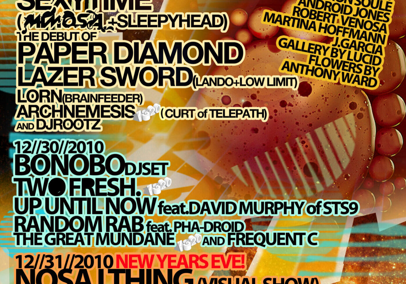 Colorful flyer for STS9 after parties.
