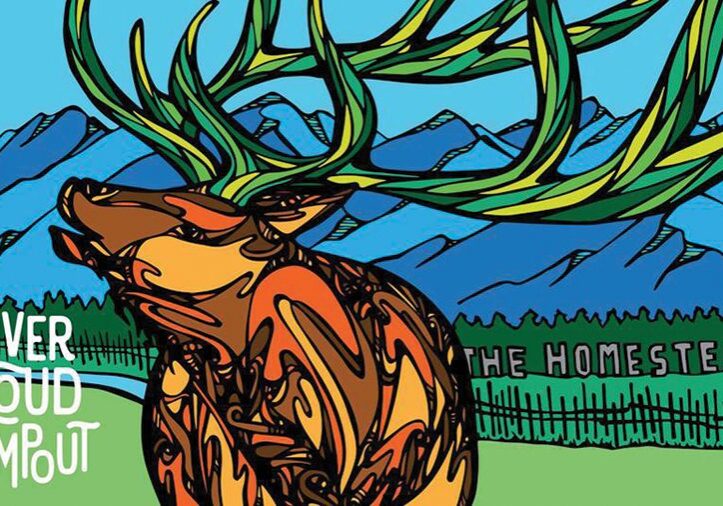 Colorful elk illustration with mountains and text.