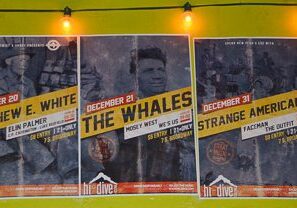 Concert posters with event dates and performers.