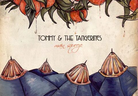 Illustrated album cover with oranges and umbrellas.
