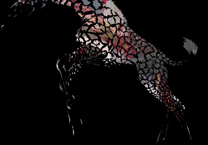Abstract giraffe design on black background.