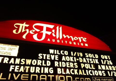 Fillmore Auditorium marquee with concert listings.