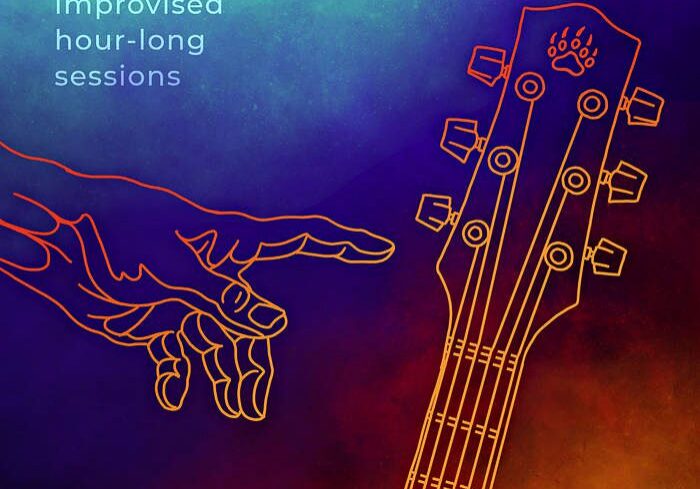 Illustrated guitar and hand on colorful background.