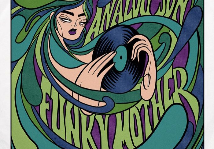 Psychedelic artwork of woman with record.
