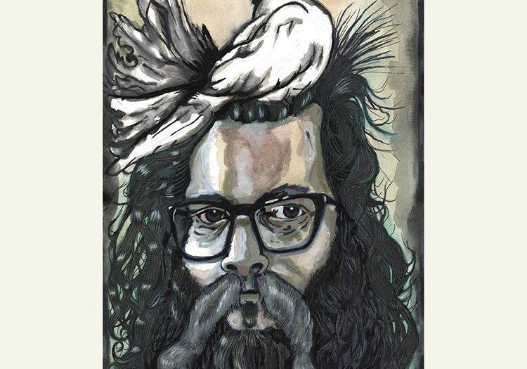 Illustrated portrait with bird on head.