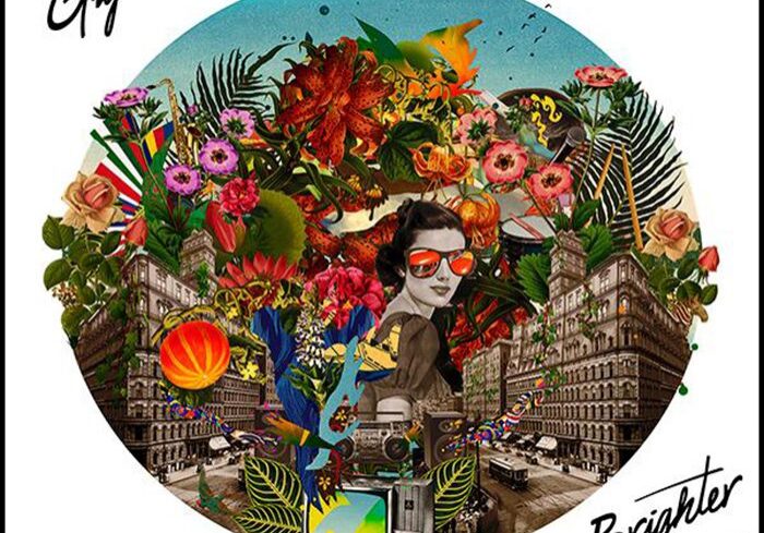 Colorful collage with flowers and urban landscape.