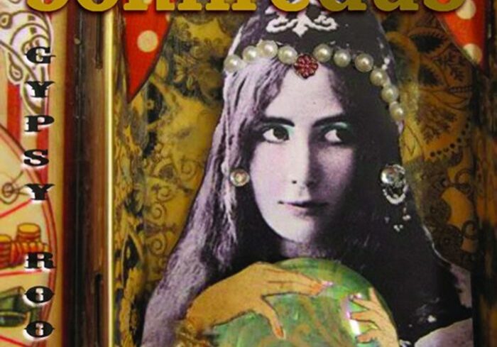 Vintage-style artwork with mysterious woman's portrait.
