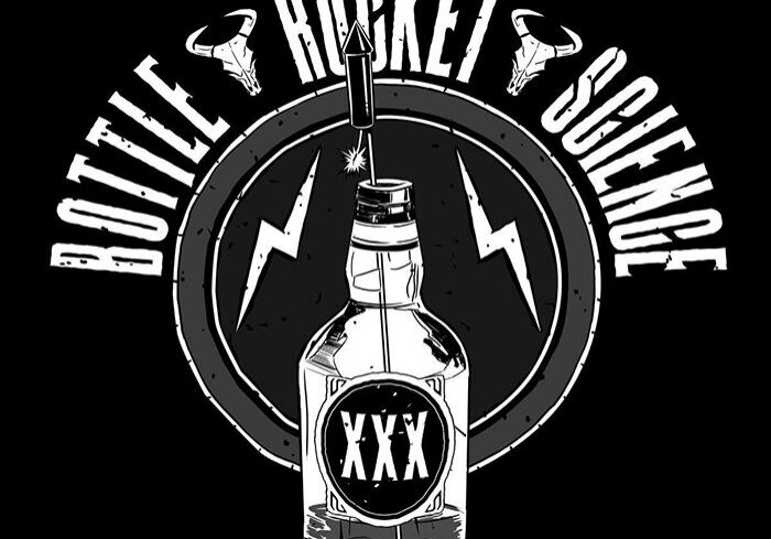 Bottle rocket science logo with bottle illustration.