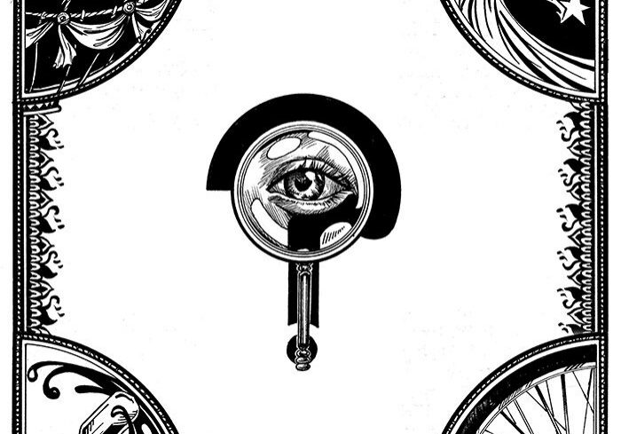 Illustrated eye in magnifying glass frame.
