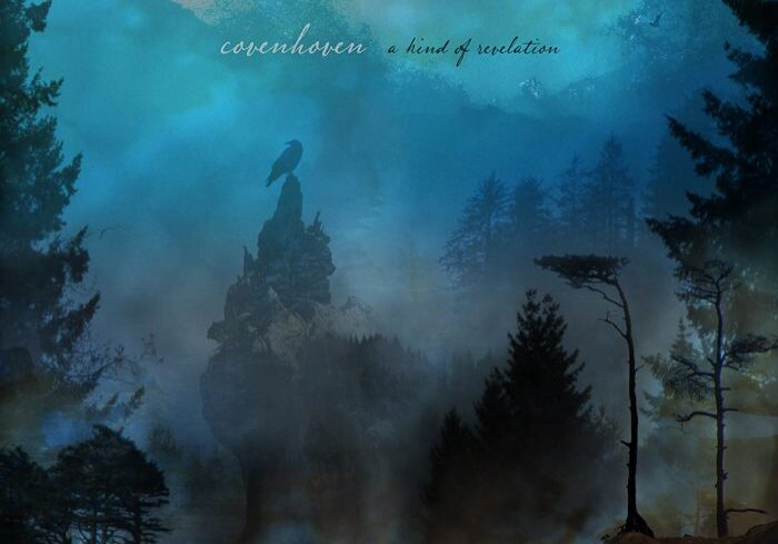Misty forest with silhouette and blue sky.