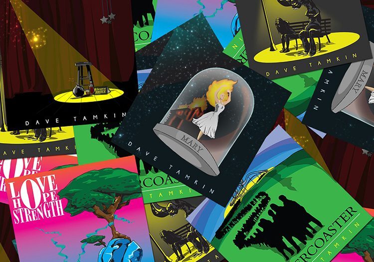 Colorful collage of illustrated music album covers.