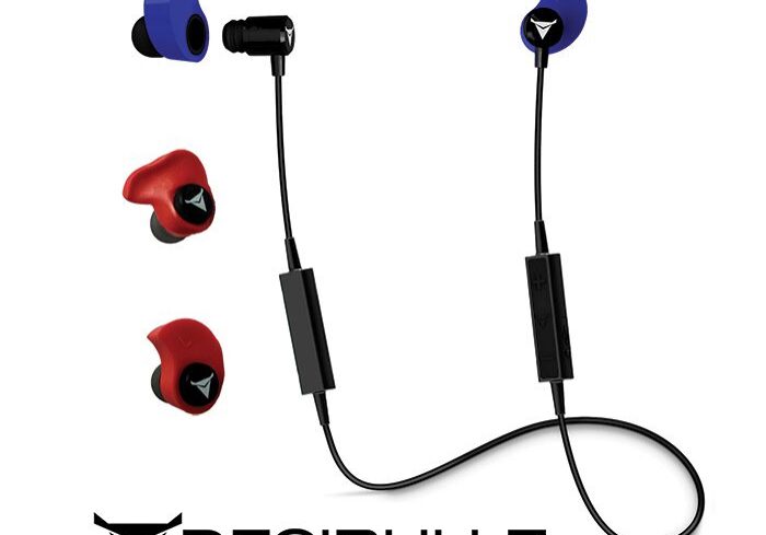 Decibullz earbuds with blue and red earpieces.
