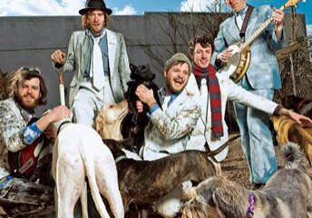 Band members posing with several dogs.