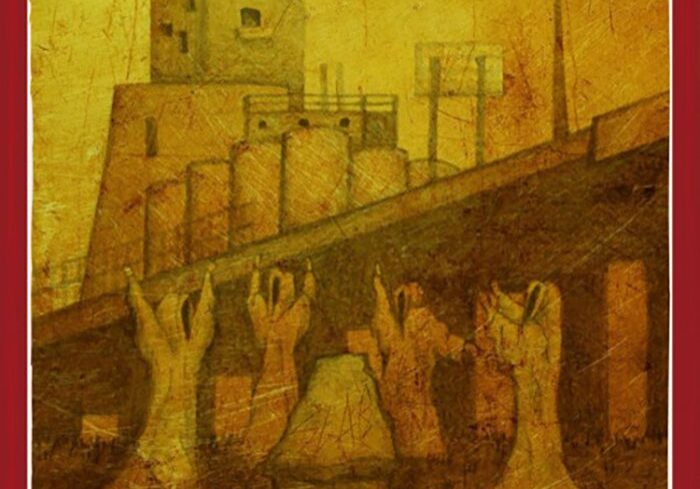 Surreal industrial scene with raised hands.