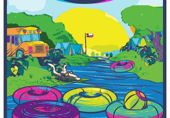 Colorful festival poster with river and inflatables.