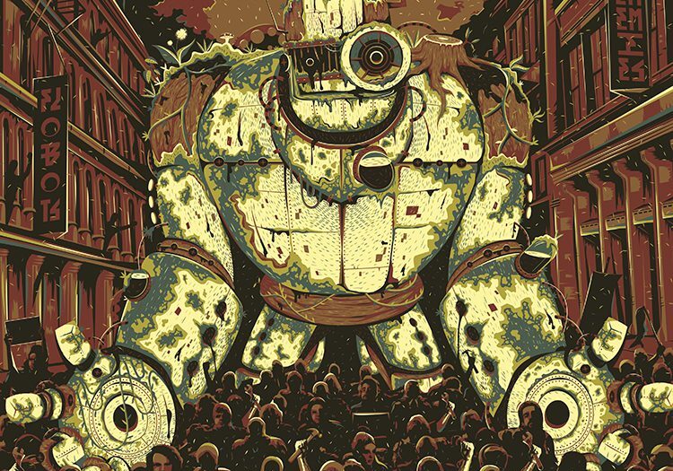 Giant robot surrounded by crowd in city.
