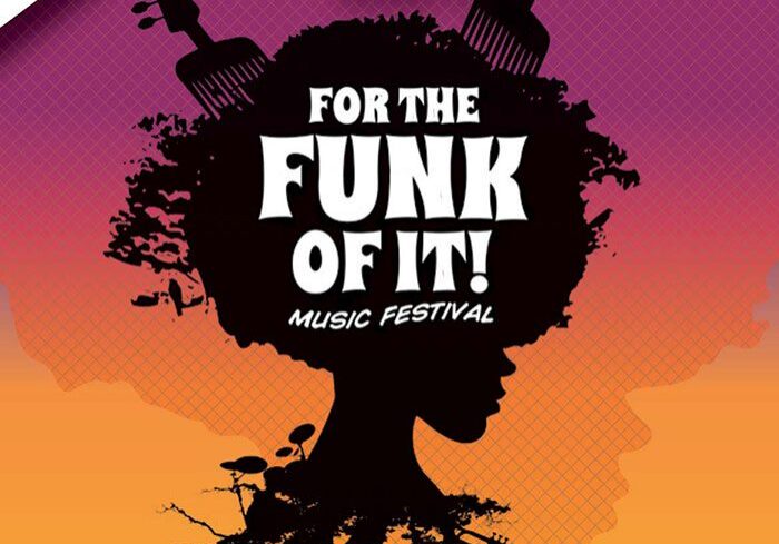 Music festival poster with silhouette and instruments.