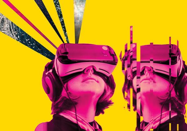 People wearing VR headsets with abstract background.