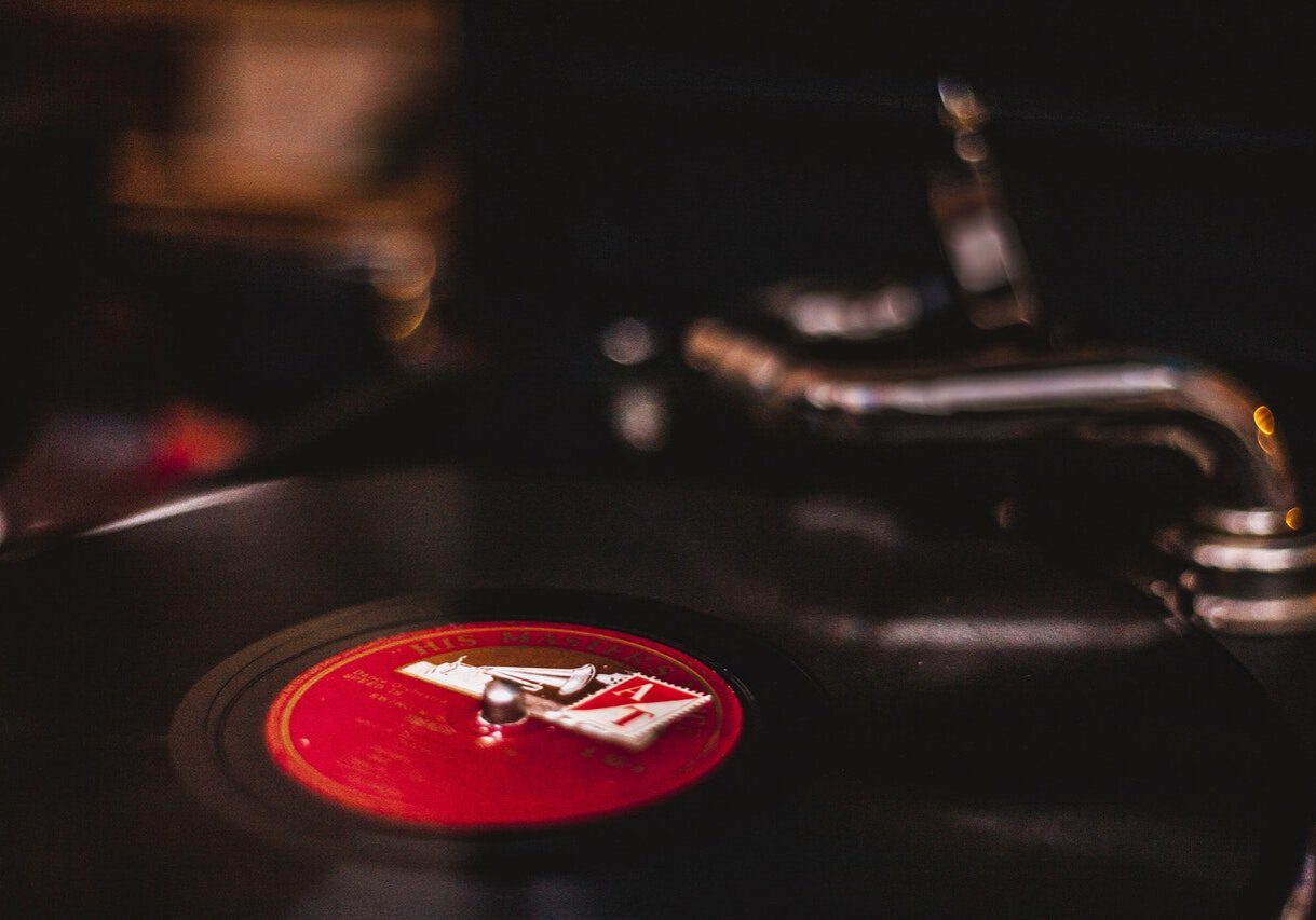 Vinyl record playing on vintage turntable.