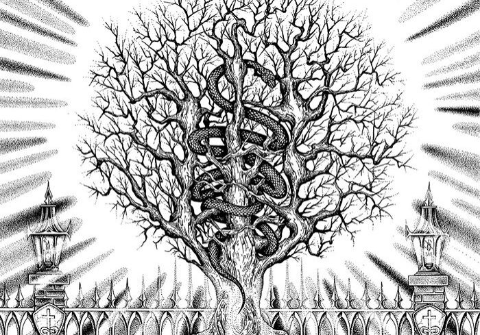 Intricate tree with snakes and radiant background.