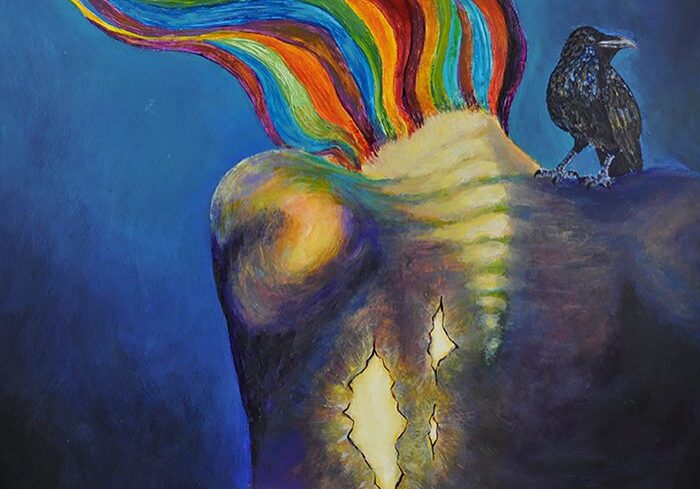 Colorful hair figure with raven, abstract art.
