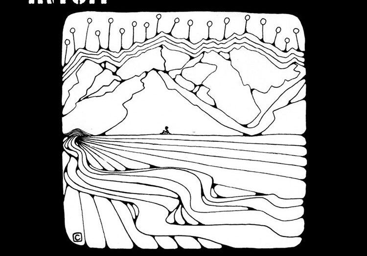 Abstract landscape illustration with mountains and waves.
