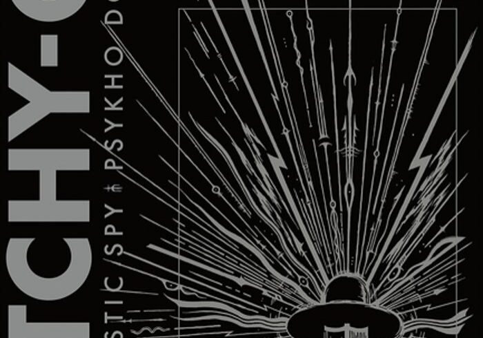 Abstract design with lines and text elements.