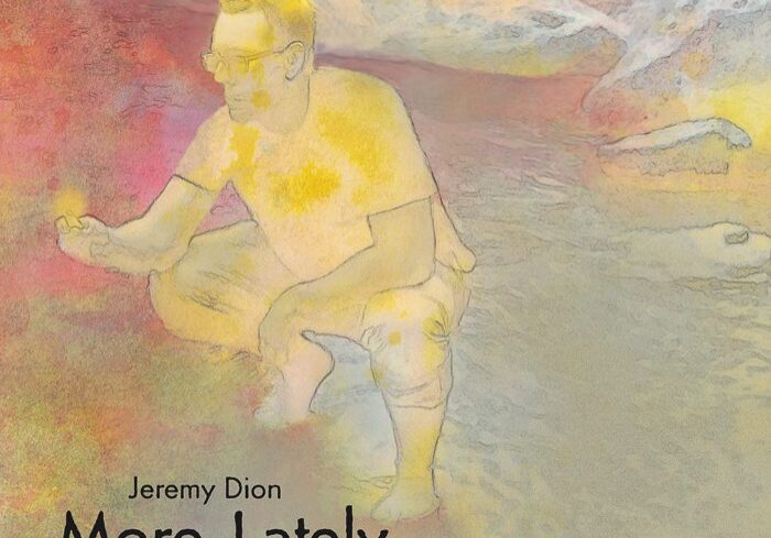 Man crouching in colorful abstract scene.