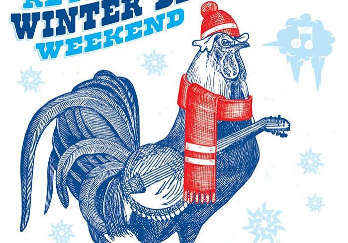Rooster playing banjo, winter bluegrass festival poster.
