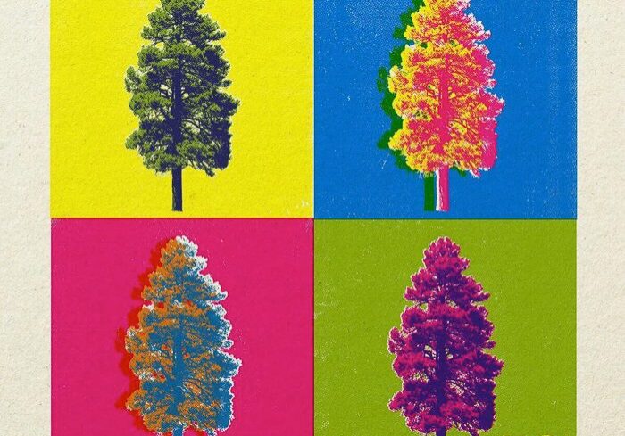 Colorful pop art trees in four squares.