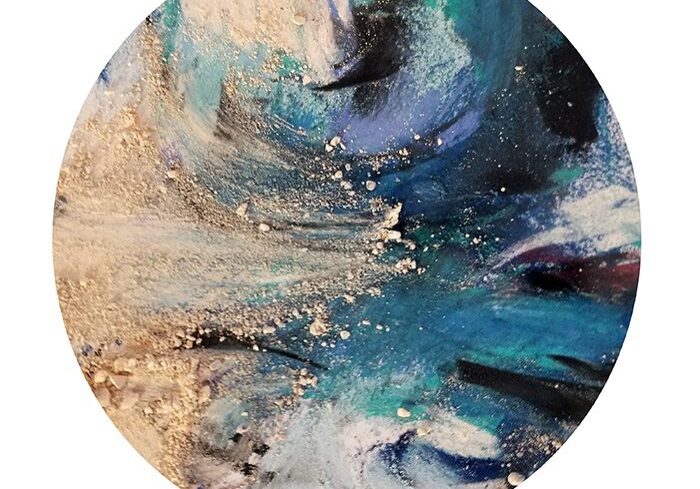 Abstract circular painting with blue and beige.
