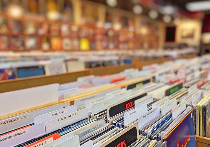 Record store with vinyl albums on display.