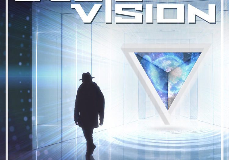 Person in futuristic room with triangle artwork.