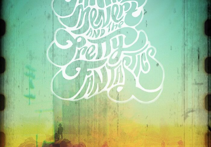 Abstract landscape with stylized text overlay.