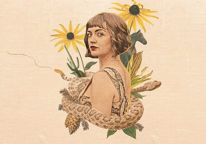 Woman surrounded by flowers and rattlesnake.