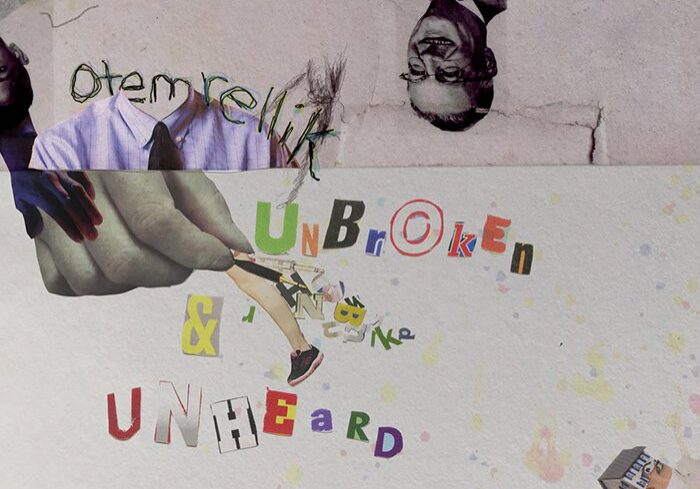 Colorful collage with mixed media elements.