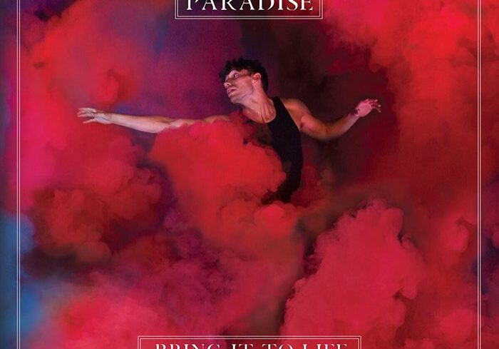 Dancer surrounded by vibrant red and blue smoke.