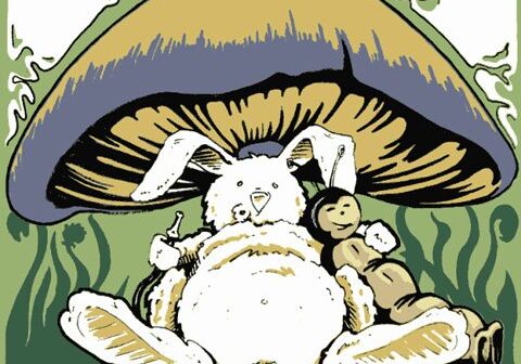 Rabbit and teddy bear under a mushroom.