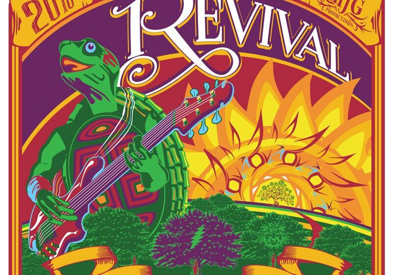 Colorful turtle playing guitar, "Revival" festival poster.