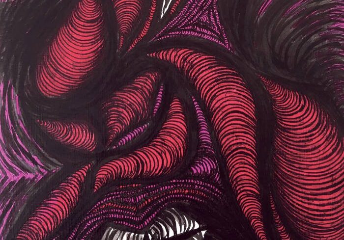 Abstract red and black swirling pattern artwork.
