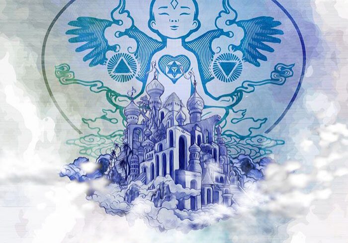 Shangri-La festival poster with mystical design.