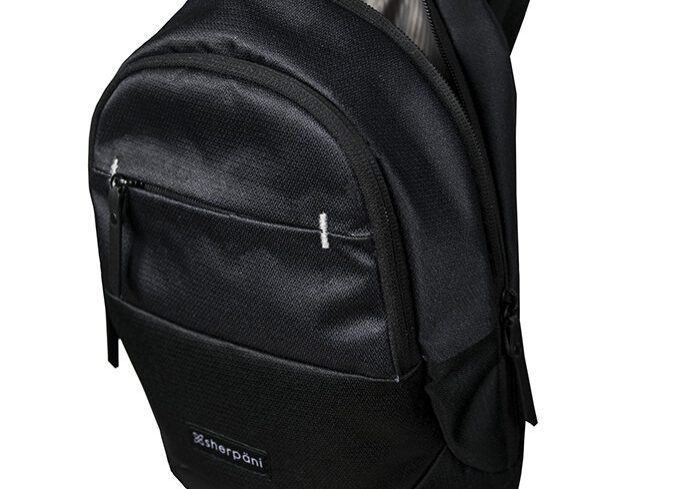 Black Sherpani backpack with front pocket.