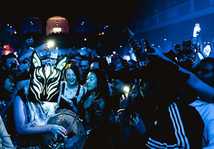 Concert crowd with zebra-headed performer drumming.