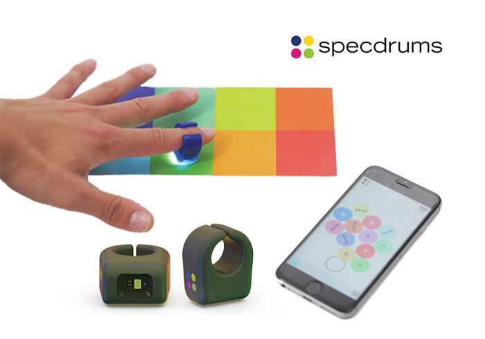 Smart ring creating music on colorful surface.