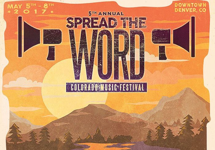 Festival poster with mountains and sunset background.