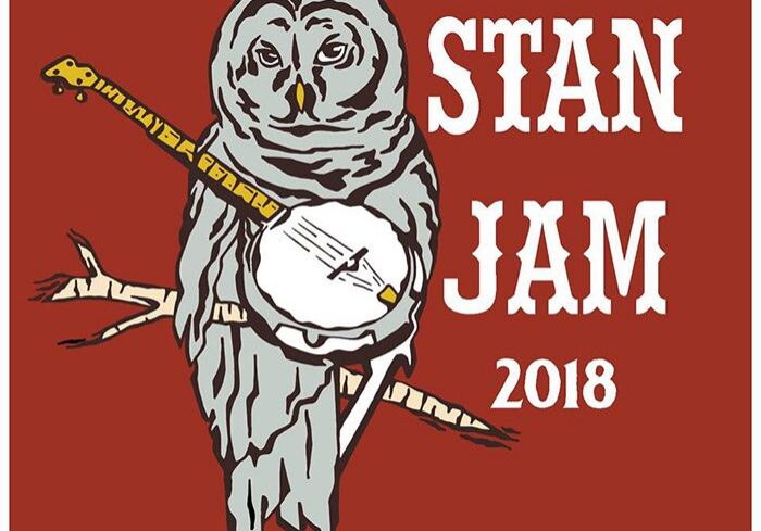 Owl with banjo, "Stan Jam 2018" text.