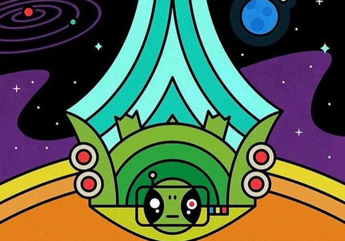Retro space-themed illustration with abstract elements.