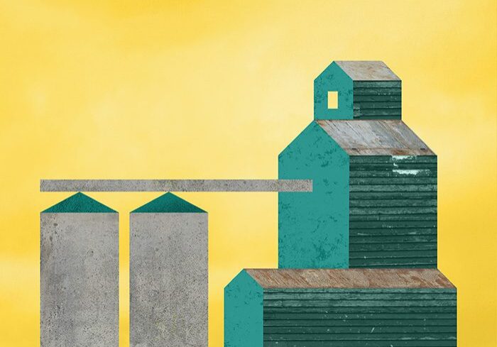 Yellow album cover with abstract building design.